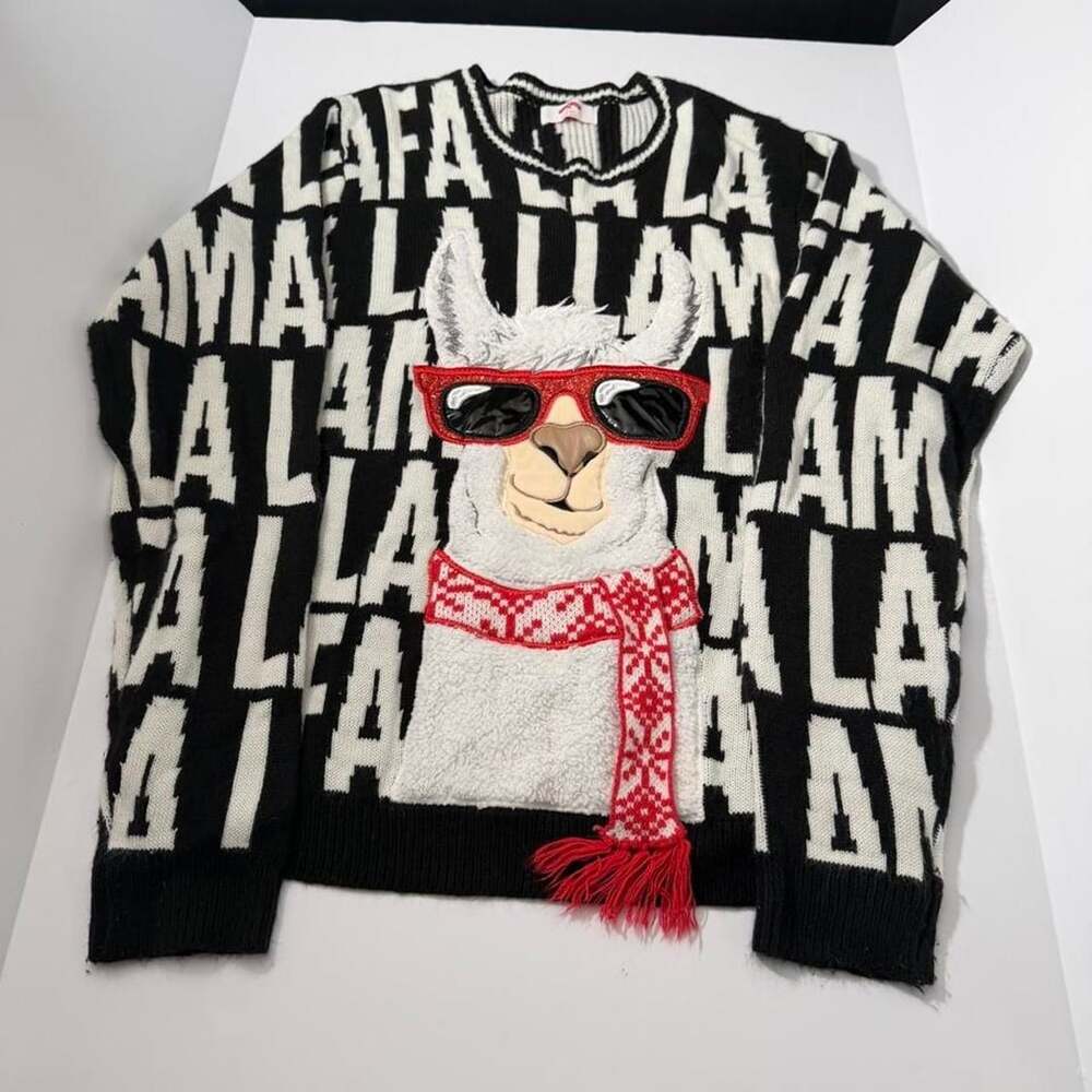 Holiday Time Llama Ugly Christmas Sweater Size L(42-44) Black White